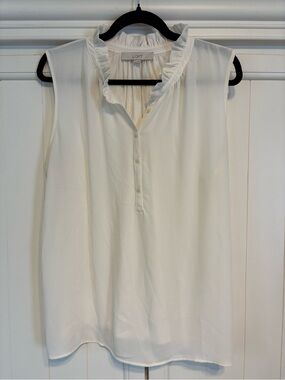 LOFT Cream Sleeveless Ruffle-Neck Button Front Blouse
